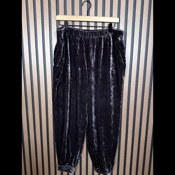 Eileen Fisher Trousers Large Womens Brown Gray Crushed Velvet Joggers Silk Blend - Picture 1 of 8